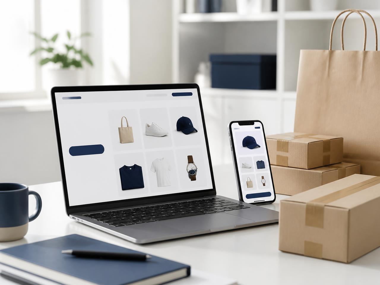 Laptop and smartphone showing an online store alongside packed parcels and a shopping bag